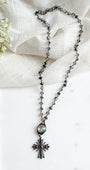 Fancy Black Crystal Pave Cross with Hand Soldered Crystal Connector on Black AB Crystal Rosary Chain