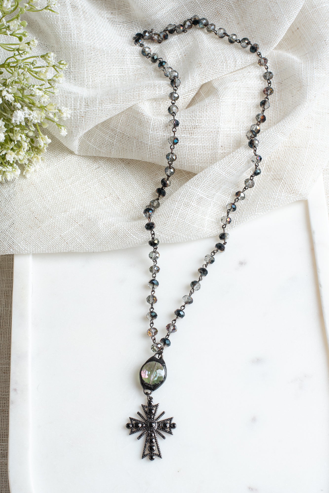 Fancy Black Crystal Pave Cross with Hand Soldered Crystal Connector on Black AB Crystal Rosary Chain
