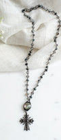 Fancy Black Crystal Pave Cross with Hand Soldered Crystal Connector on Black AB Crystal Rosary Chain