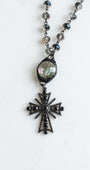 Fancy Black Crystal Pave Cross with Hand Soldered Crystal Connector on Black AB Crystal Rosary Chain