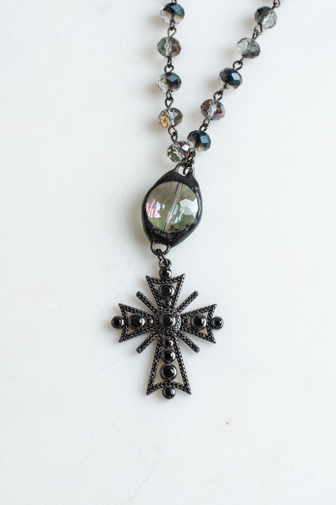 Fancy Black Crystal Pave Cross with Hand Soldered Crystal Connector on Black AB Crystal Rosary Chain
