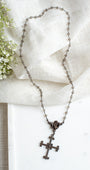 Dark Bronze Cross Pendant on Smoky Quartz and Gunmetal Rosary Chain