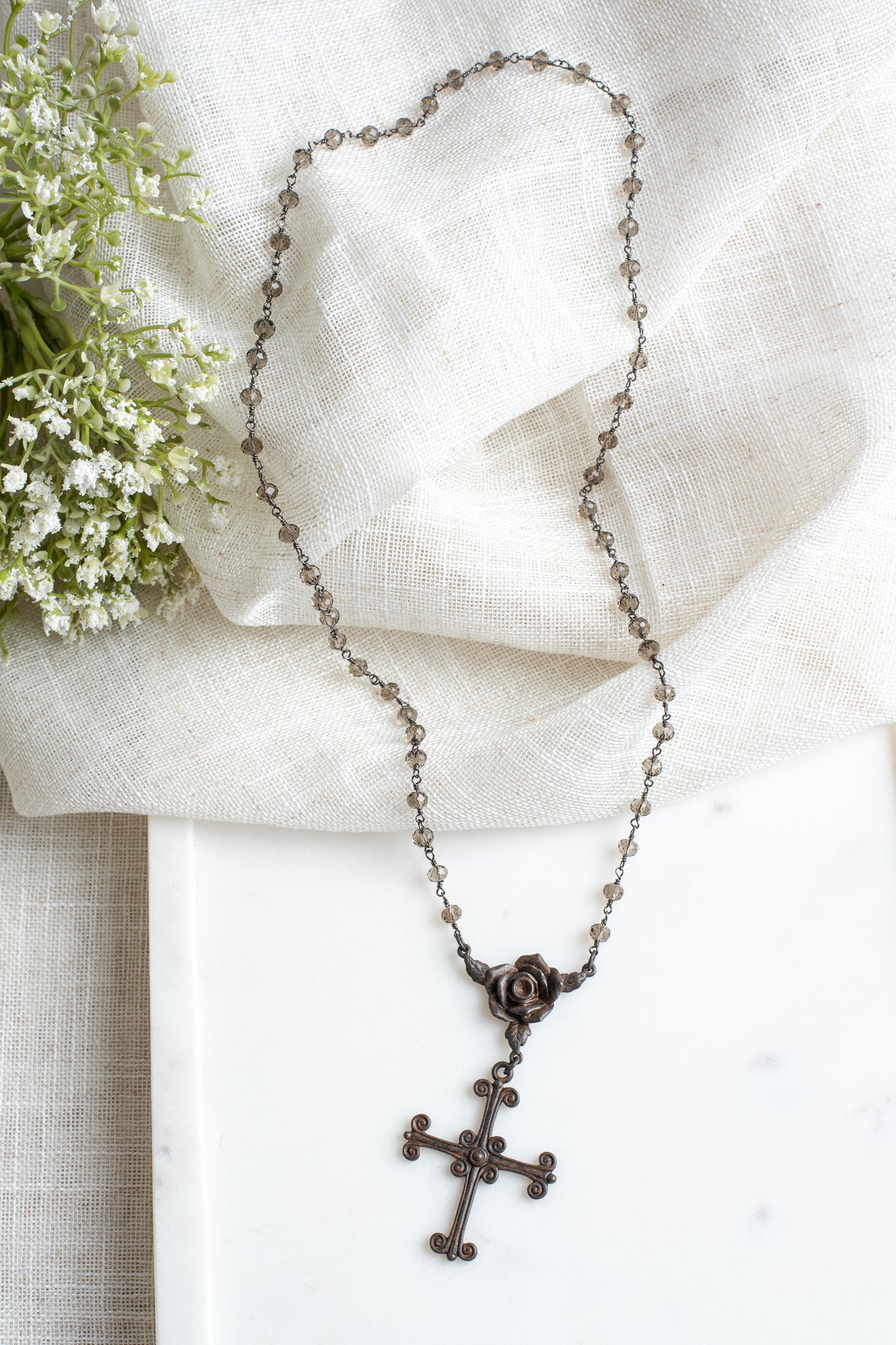 Dark Bronze Cross Pendant on Smoky Quartz and Gunmetal Rosary Chain