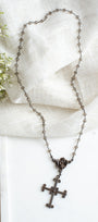 Dark Bronze Cross Pendant on Smoky Quartz and Gunmetal Rosary Chain