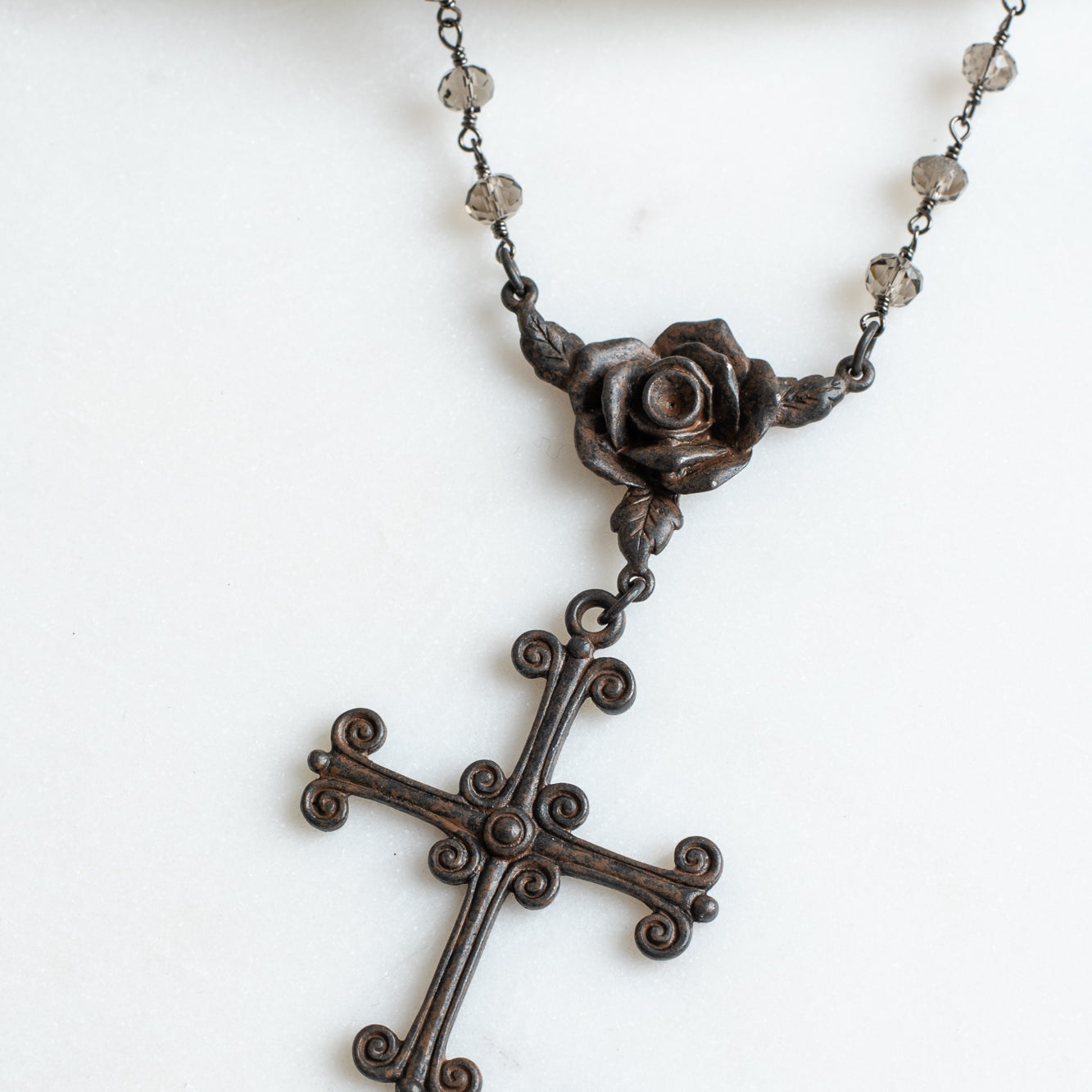 Dark Bronze Cross Pendant on Smoky Quartz and Gunmetal Rosary Chain