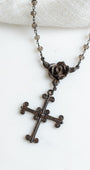 Dark Bronze Cross Pendant on Smoky Quartz and Gunmetal Rosary Chain