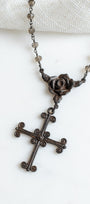 Dark Bronze Cross Pendant on Smoky Quartz and Gunmetal Rosary Chain