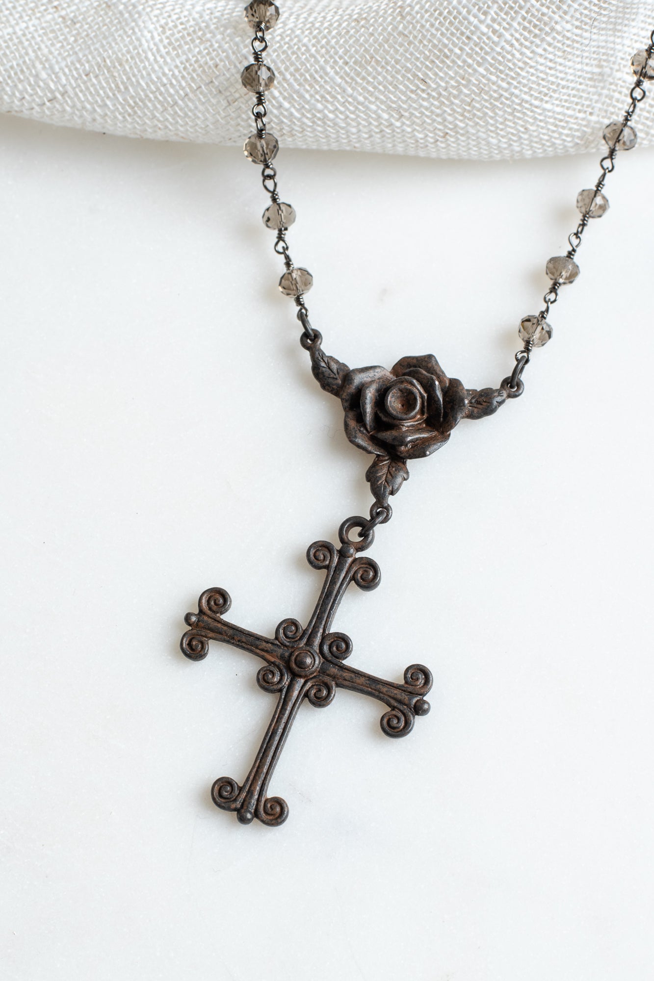 Dark Bronze Cross Pendant on Smoky Quartz and Gunmetal Rosary Chain