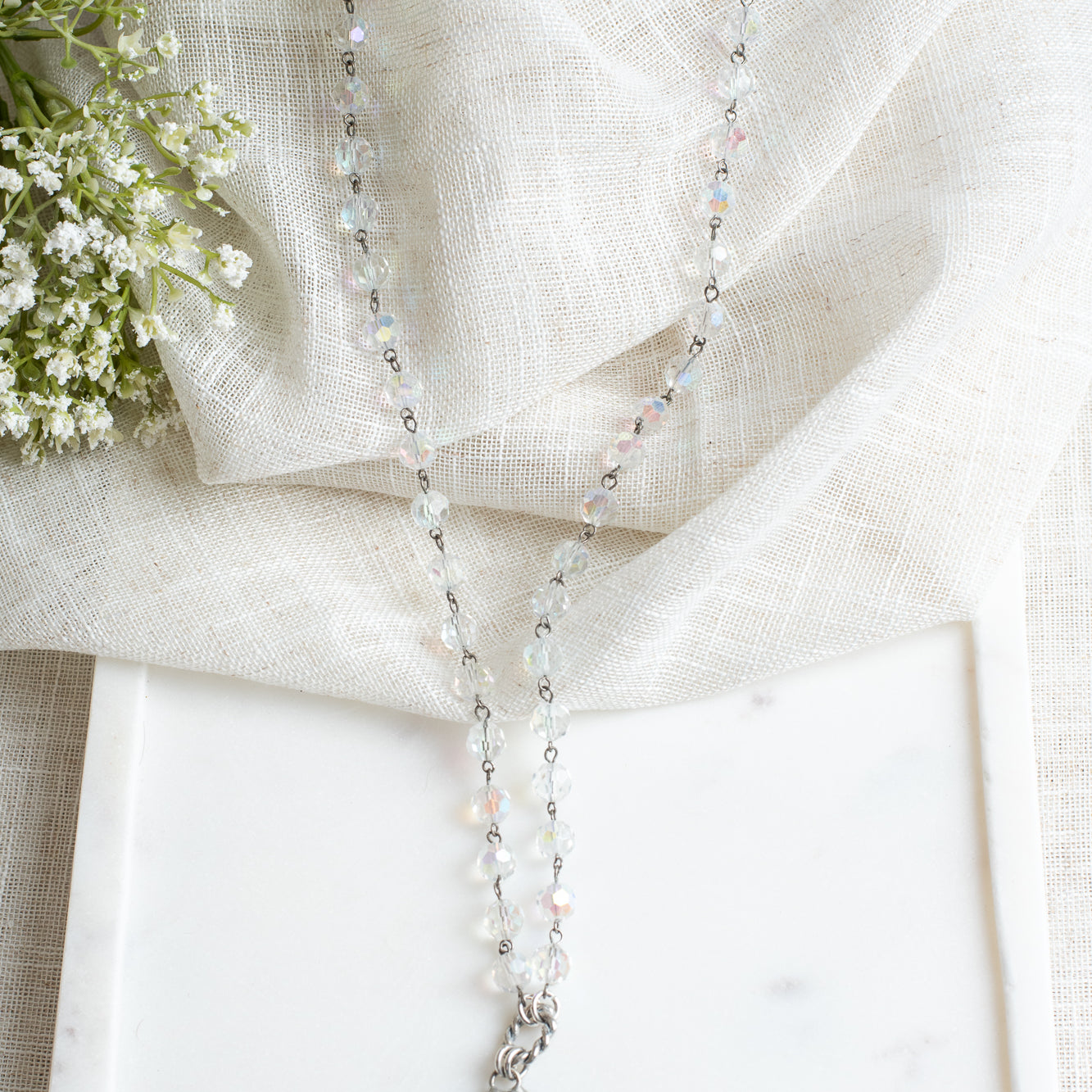 Hand Soldered Antique Silver Ancient Coin Pendant on Faceted Iridescent Crystal Rosary Bead Necklace