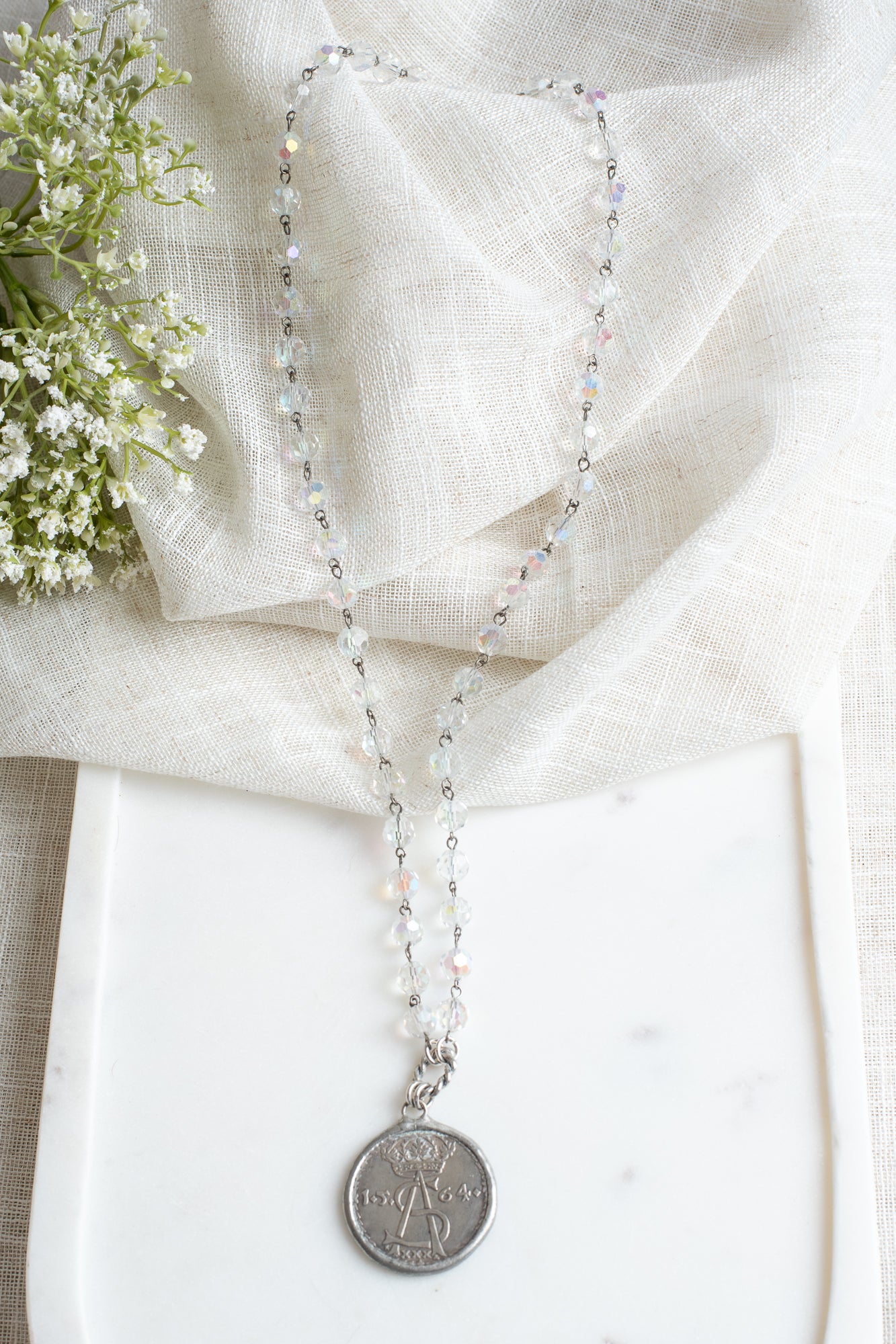 Hand Soldered Antique Silver Ancient Coin Pendant on Faceted Iridescent Crystal Rosary Bead Necklace