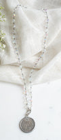 Hand Soldered Antique Silver Ancient Coin Pendant on Faceted Iridescent Crystal Rosary Bead Necklace