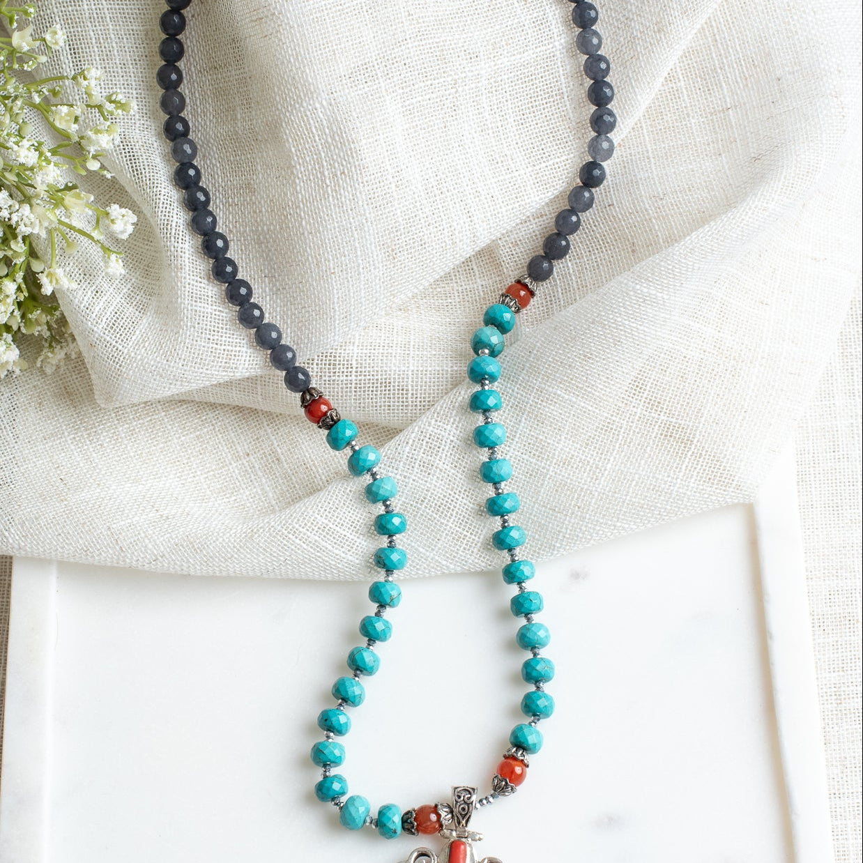 Bold Statement Necklace with Significant Filigree Sterling Silver Turquoise Pendant on a Hand Strung Necklace of Turquoise, Quartz and Carnelian Beads