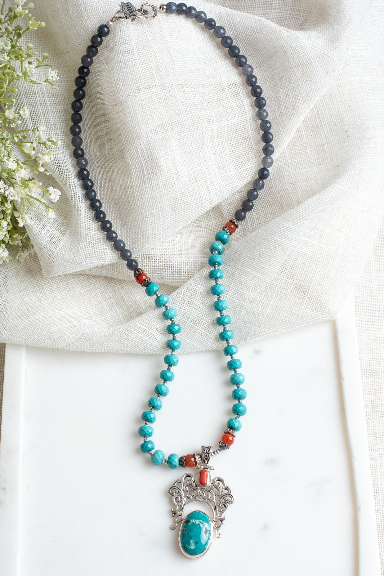 Bold Statement Necklace with Significant Filigree Sterling Silver Turquoise Pendant on a Hand Strung Necklace of Turquoise, Quartz and Carnelian Beads