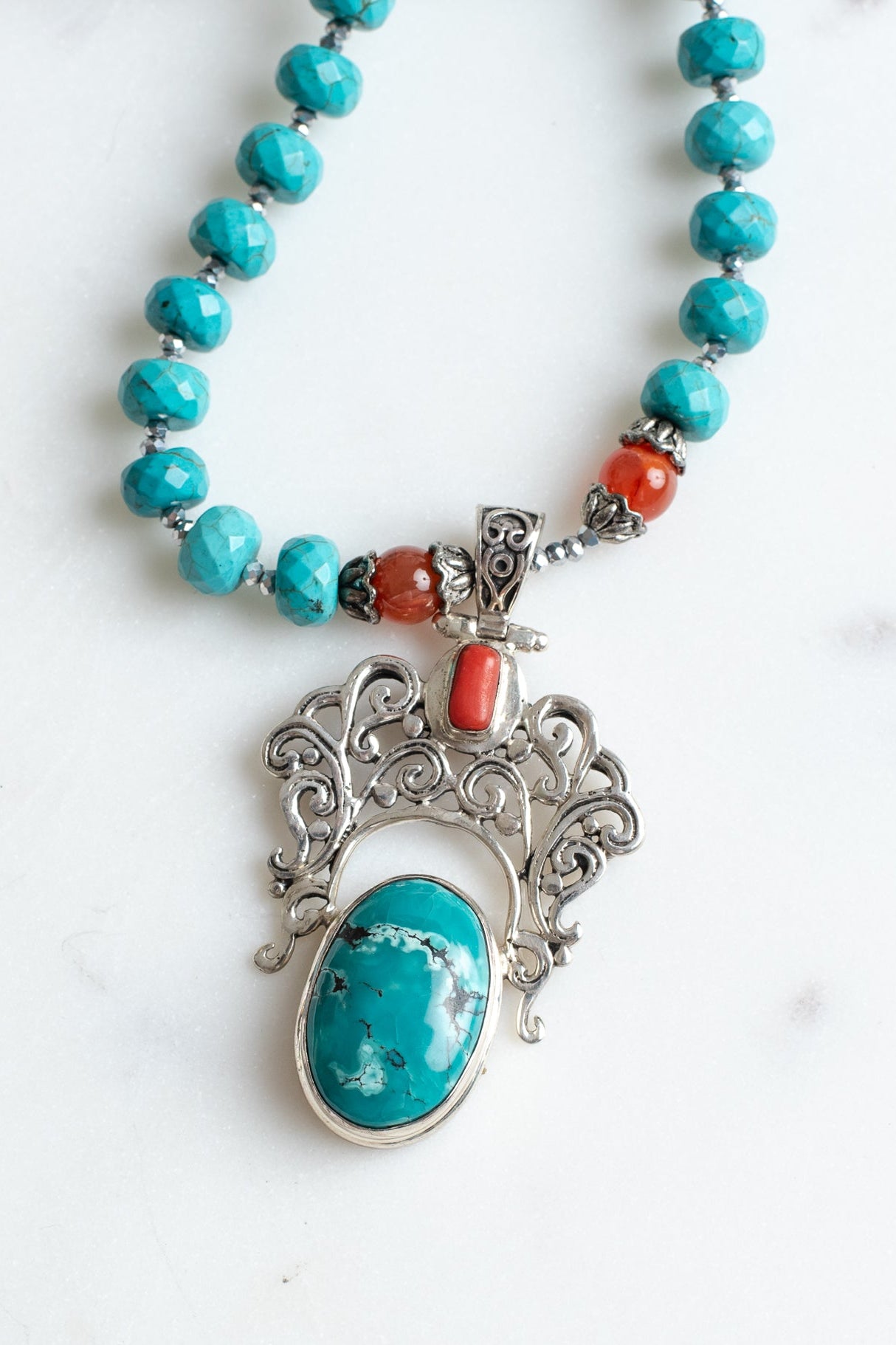 Bold Statement Necklace with Significant Filigree Sterling Silver Turquoise Pendant on a Hand Strung Necklace of Turquoise, Quartz and Carnelian Beads