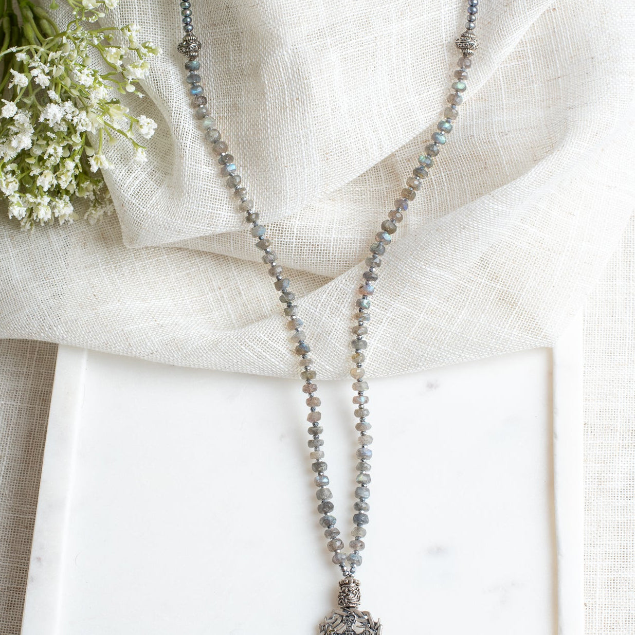 Christian Statement Including a Crown of Thorns, Cross, and Labradorite Sterling Silver Drop on a Labradorite Necklace