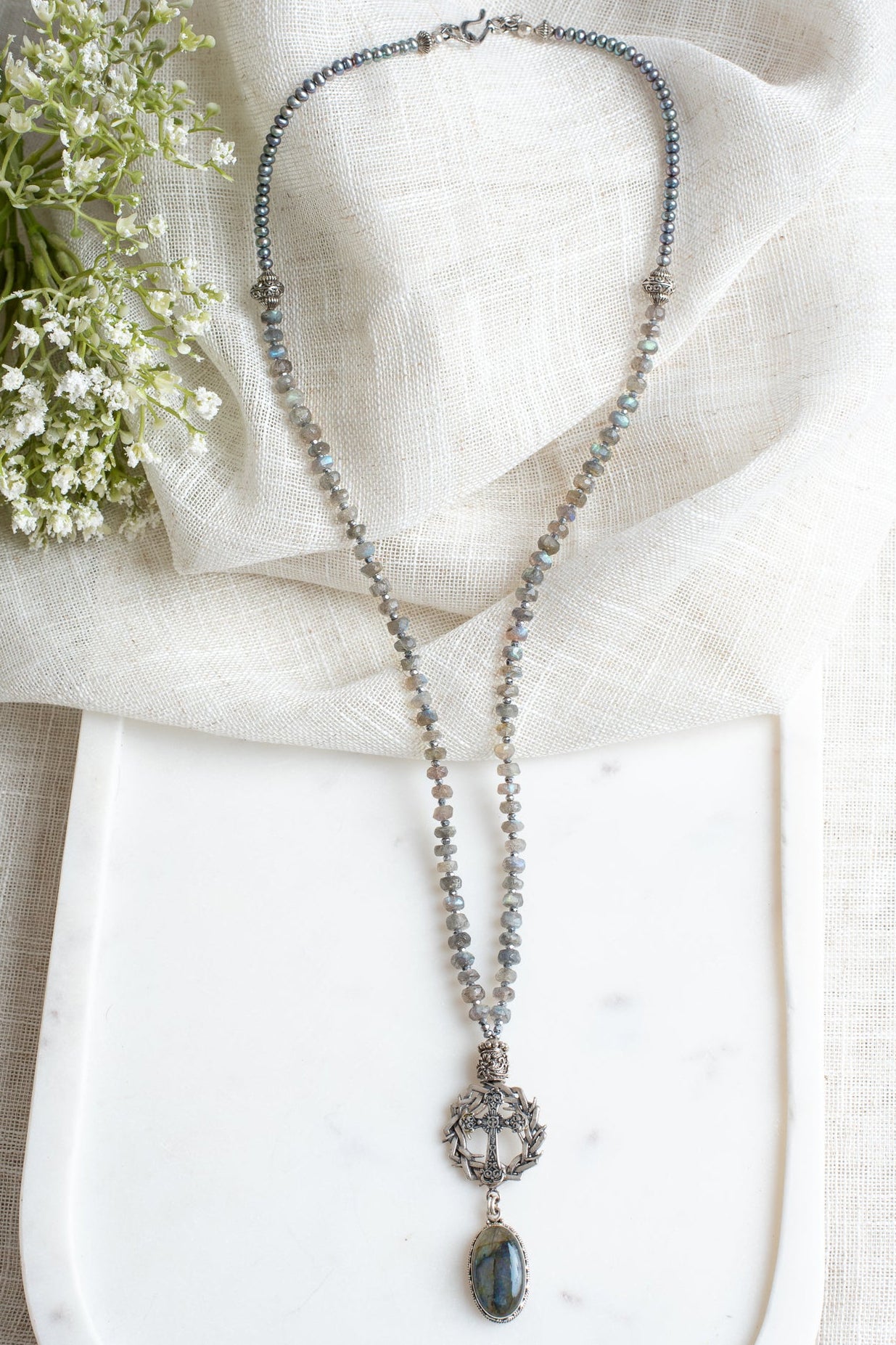 Christian Statement Including a Crown of Thorns, Cross, and Labradorite Sterling Silver Drop on a Labradorite Necklace