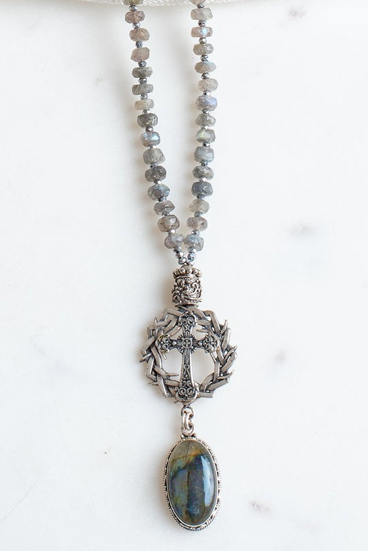Christian Statement Including a Crown of Thorns, Cross, and Labradorite Sterling Silver Drop on a Labradorite Necklace