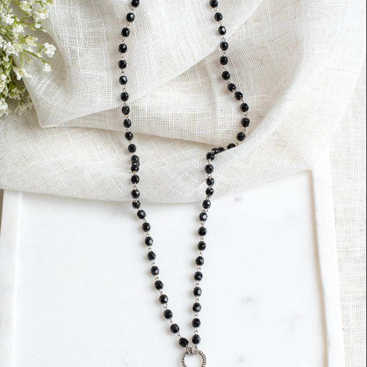 Vintage Style Silver Filigree Pendant with Black Micro Pave Cross on a Black Crystal Rosary Chain Necklace