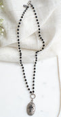 Vintage Style Silver Filigree Pendant with Black Micro Pave Cross on a Black Crystal Rosary Chain Necklace