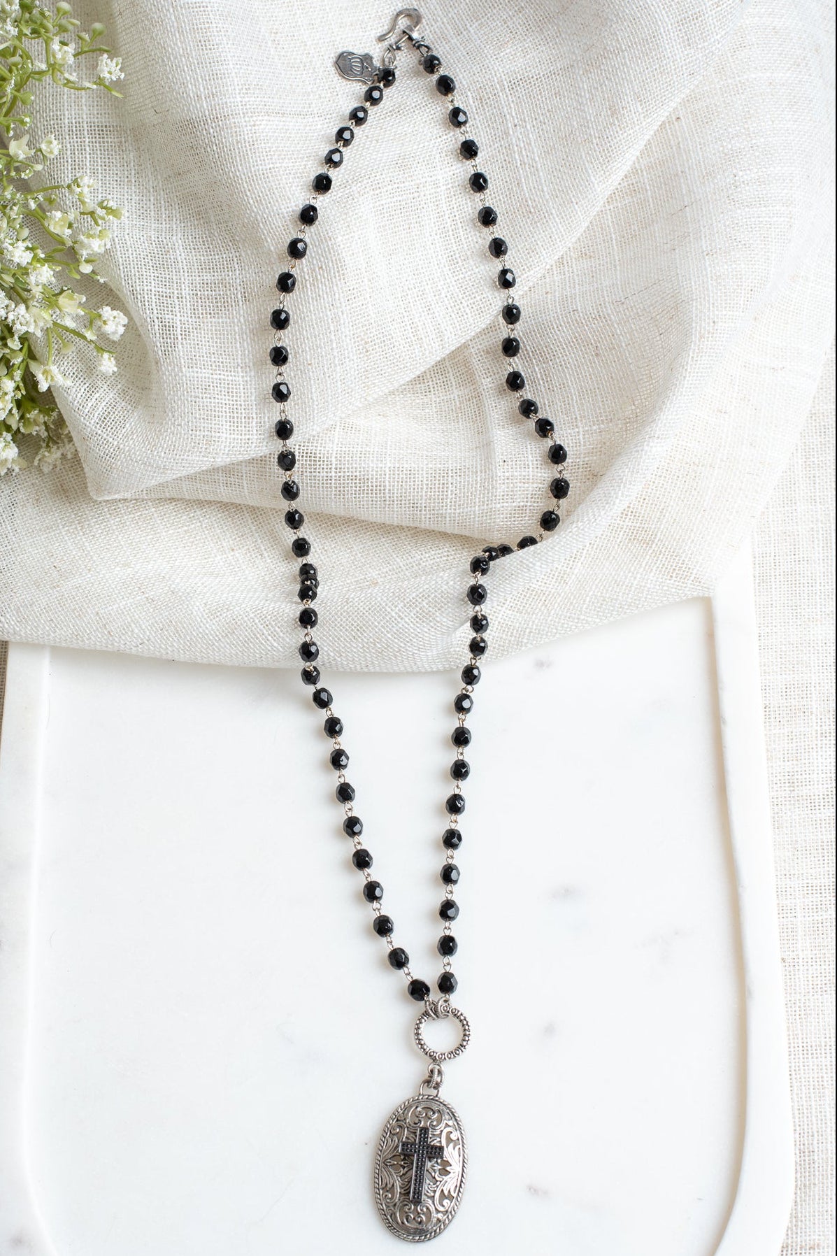 Vintage Style Silver Filigree Pendant with Black Micro Pave Cross on a Black Crystal Rosary Chain Necklace