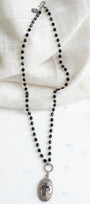 Vintage Style Silver Filigree Pendant with Black Micro Pave Cross on a Black Crystal Rosary Chain Necklace