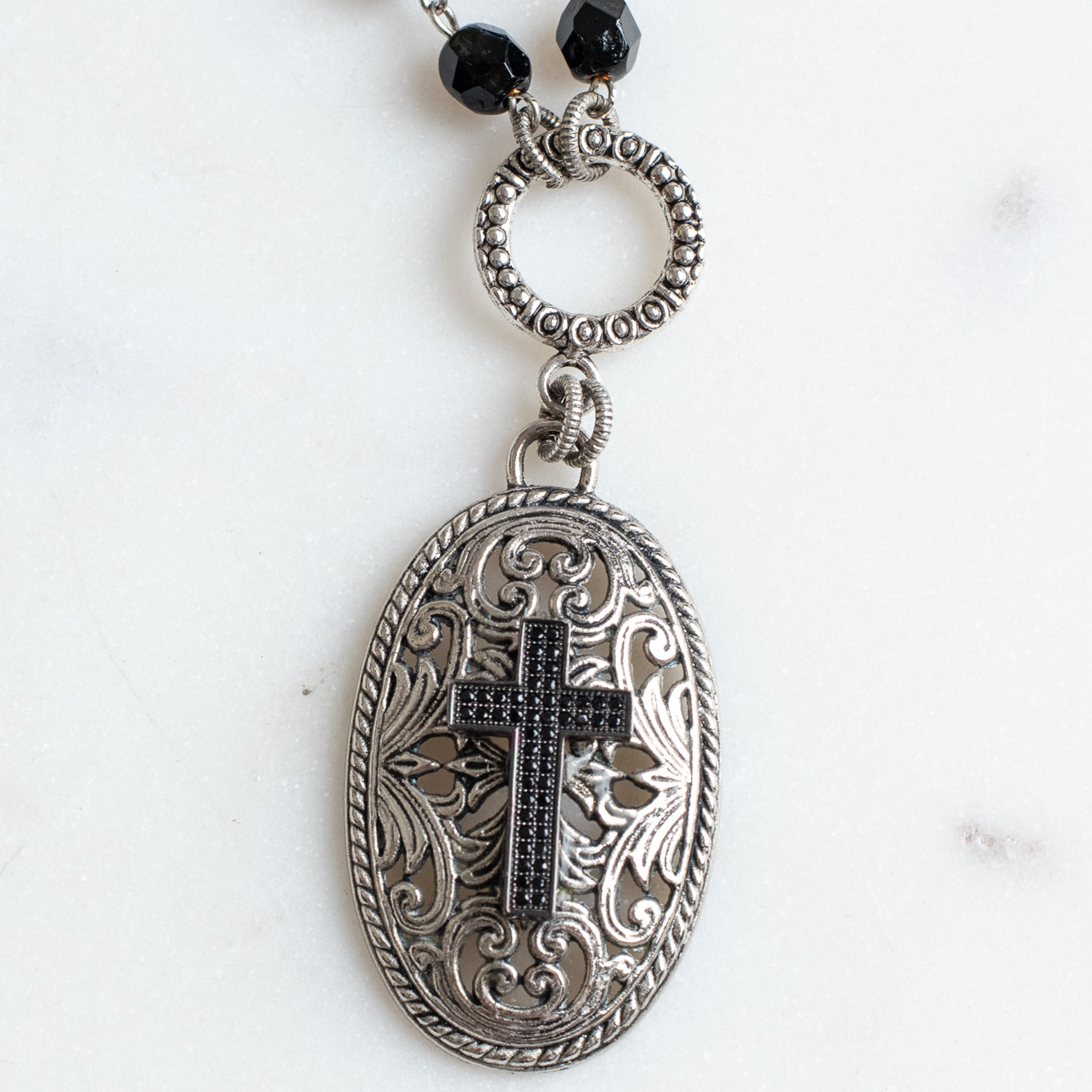 Victorian Filigree & Black Micro-Pavé Cross Pendant Necklace