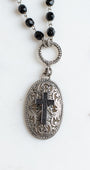 Vintage Style Silver Filigree Pendant with Black Micro Pave Cross on a Black Crystal Rosary Chain Necklace