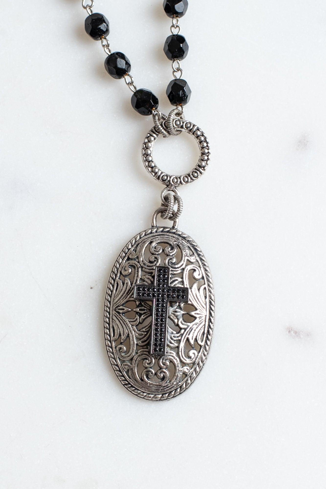 Vintage Style Silver Filigree Pendant with Black Micro Pave Cross on a Black Crystal Rosary Chain Necklace
