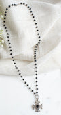 Sterling Silver Shiney Black Agate Cross Pendant on a Black Rosary Bead Necklace
