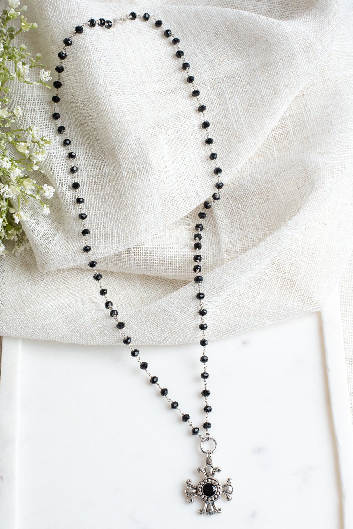 Sterling Silver Shiney Black Agate Cross Pendant on a Black Rosary Bead Necklace