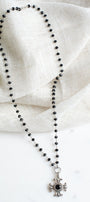 Sterling Silver Shiney Black Agate Cross Pendant on a Black Rosary Bead Necklace