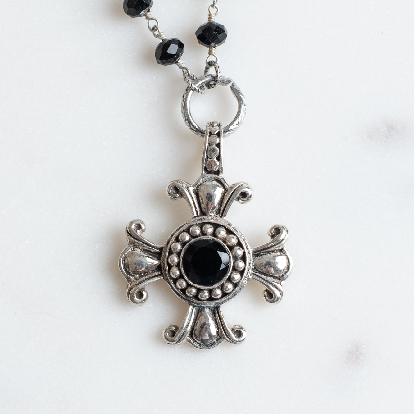 Sterling Silver Black Agate Cross Pendant on a Black Rosary Bead Necklace