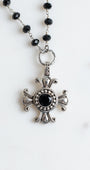 Sterling Silver Shiney Black Agate Cross Pendant on a Black Rosary Bead Necklace