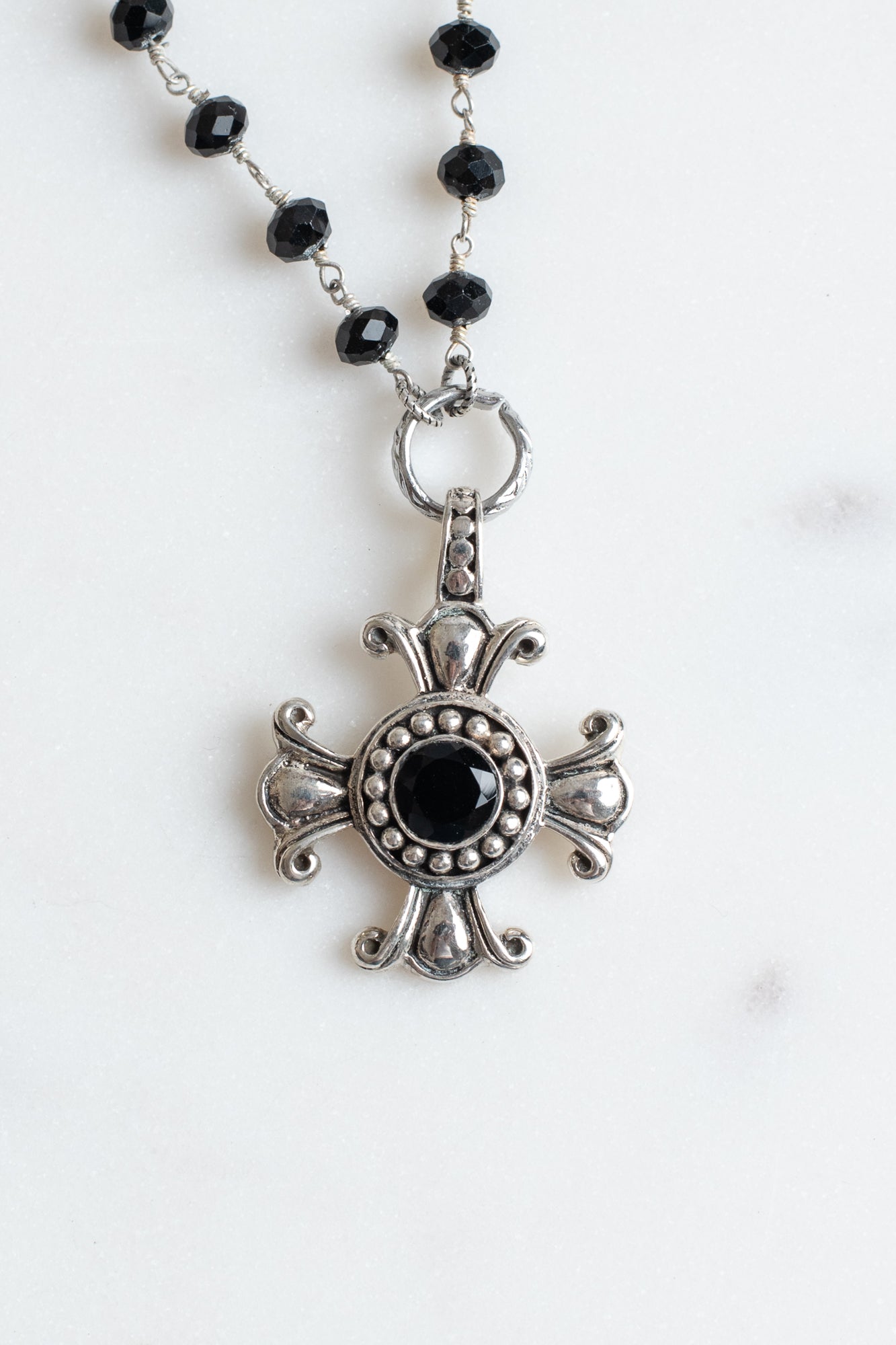 Sterling Silver Shiney Black Agate Cross Pendant on a Black Rosary Bead Necklace