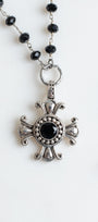 Sterling Silver Black Agate Cross Pendant on a Black Rosary Bead Necklace
