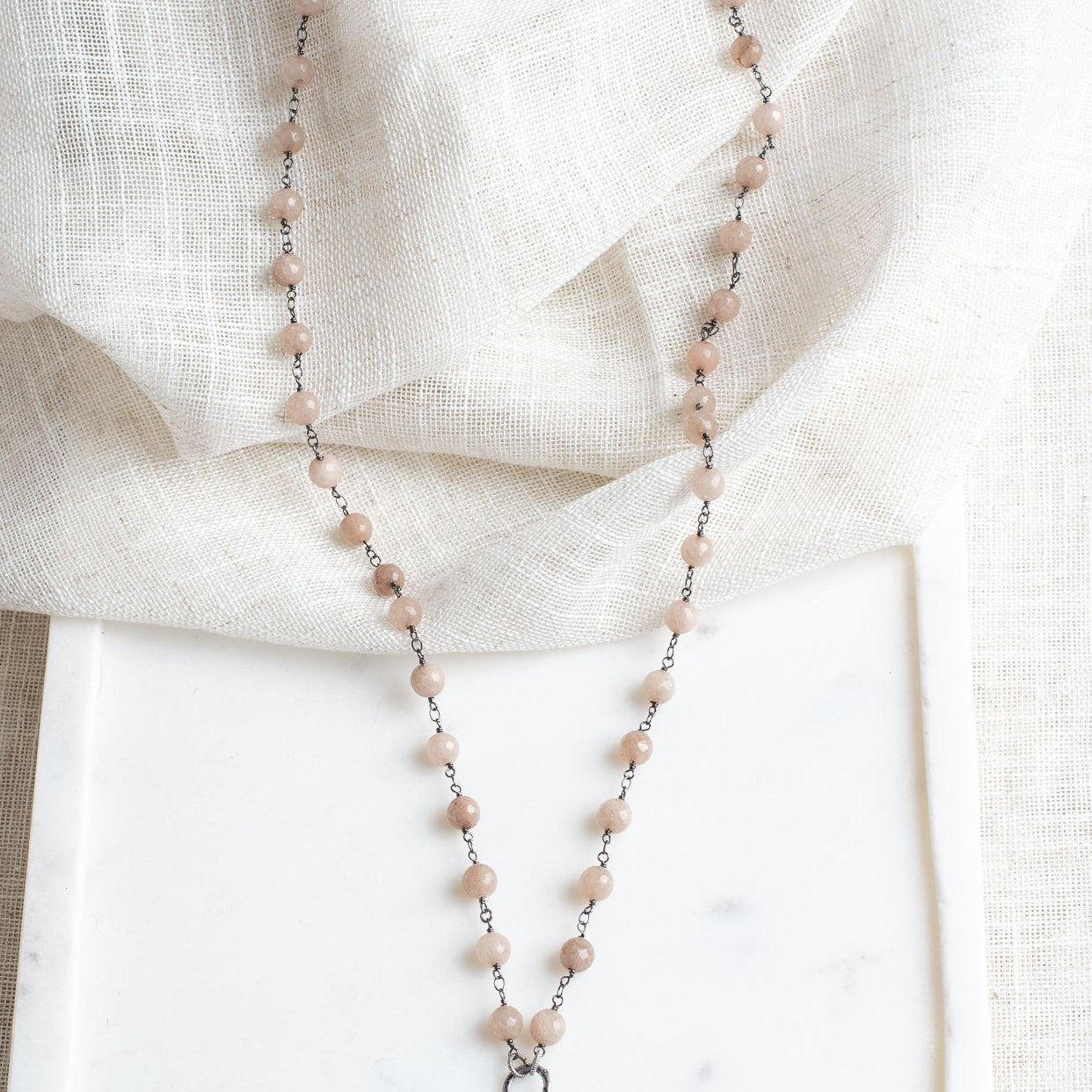 Italian Filigree Silver Plated Christian Cross Pendant on a Cafe Latte 8mm Quartz Beaded Gunmetal Rosary Chain Necklace