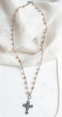 Italian Filigree Silver Plated Christian Cross Pendant on a Cafe Latte 8mm Quartz Beaded Gunmetal Rosary Chain Necklace