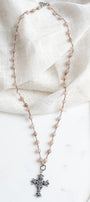 Italian Filigree Silver Plated Christian Cross Pendant on a Cafe Latte 8mm Quartz Beaded Gunmetal Rosary Chain Necklace