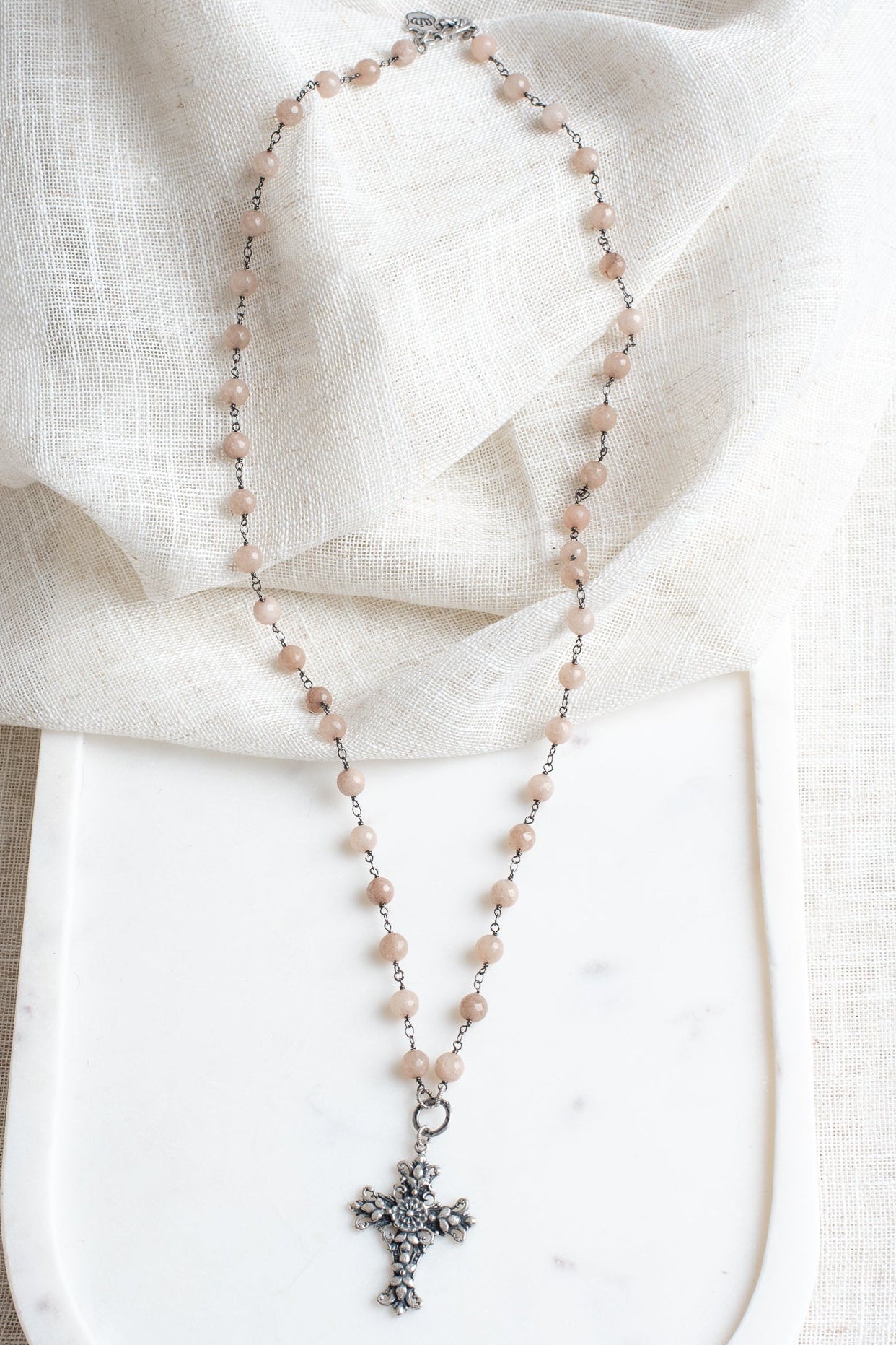 Italian Filigree Silver Plated Christian Cross Pendant on a Cafe Latte 8mm Quartz Beaded Gunmetal Rosary Chain Necklace