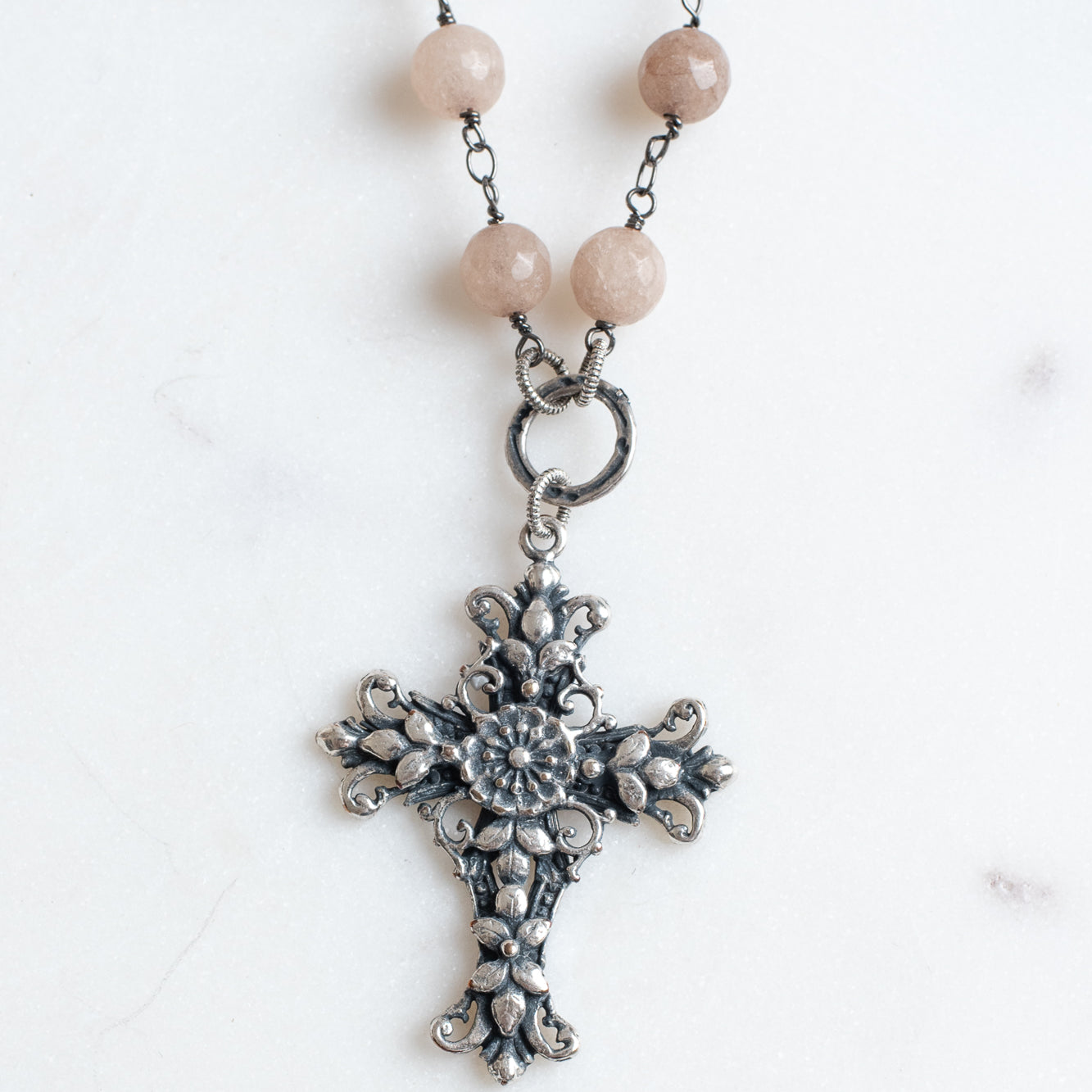 Italian Filigree Silver Plated Christian Cross Pendant on a Cafe Latte 8mm Quartz Beaded Gunmetal Rosary Chain Necklace