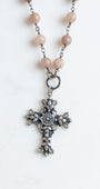 Italian Filigree Silver Plated Christian Cross Pendant on a Cafe Latte 8mm Quartz Beaded Gunmetal Rosary Chain Necklace