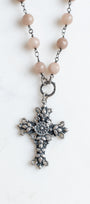 Italian Filigree Silver Plated Christian Cross Pendant on a Cafe Latte 8mm Quartz Beaded Gunmetal Rosary Chain Necklace