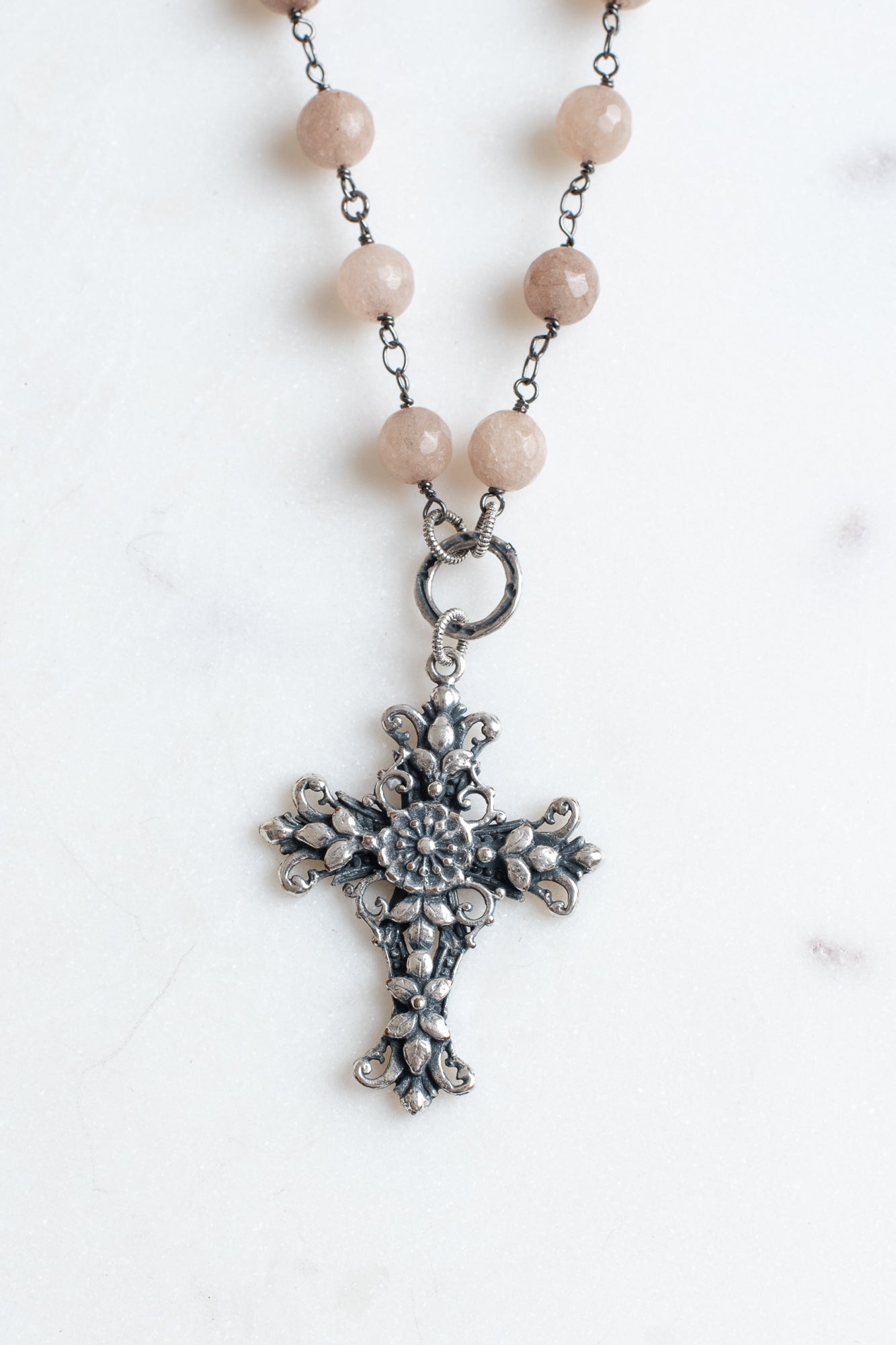 Italian Filigree Silver Plated Christian Cross Pendant on a Cafe Latte 8mm Quartz Beaded Gunmetal Rosary Chain Necklace