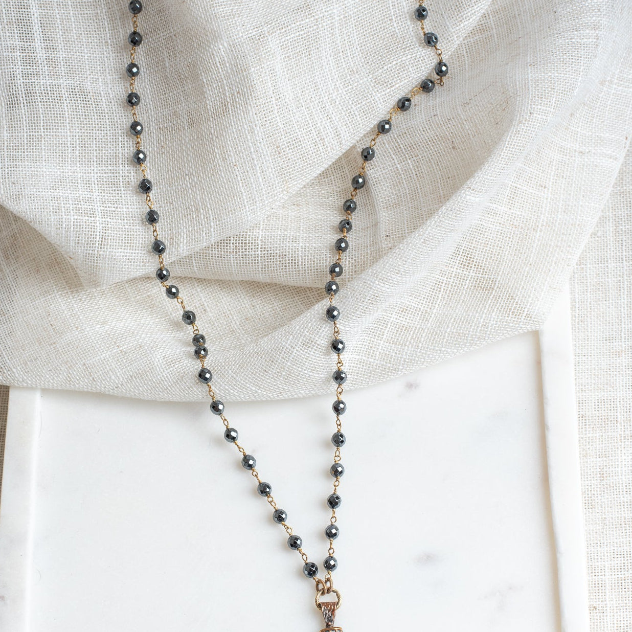 Vintage Sterling Silver Black Crystal Christian Cross Pendant on a Faceted Black Hemitite Rosary Chain