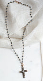 Vintage Sterling Silver Black Crystal Christian Cross Pendant on a Faceted Black Hemitite Rosary Chain