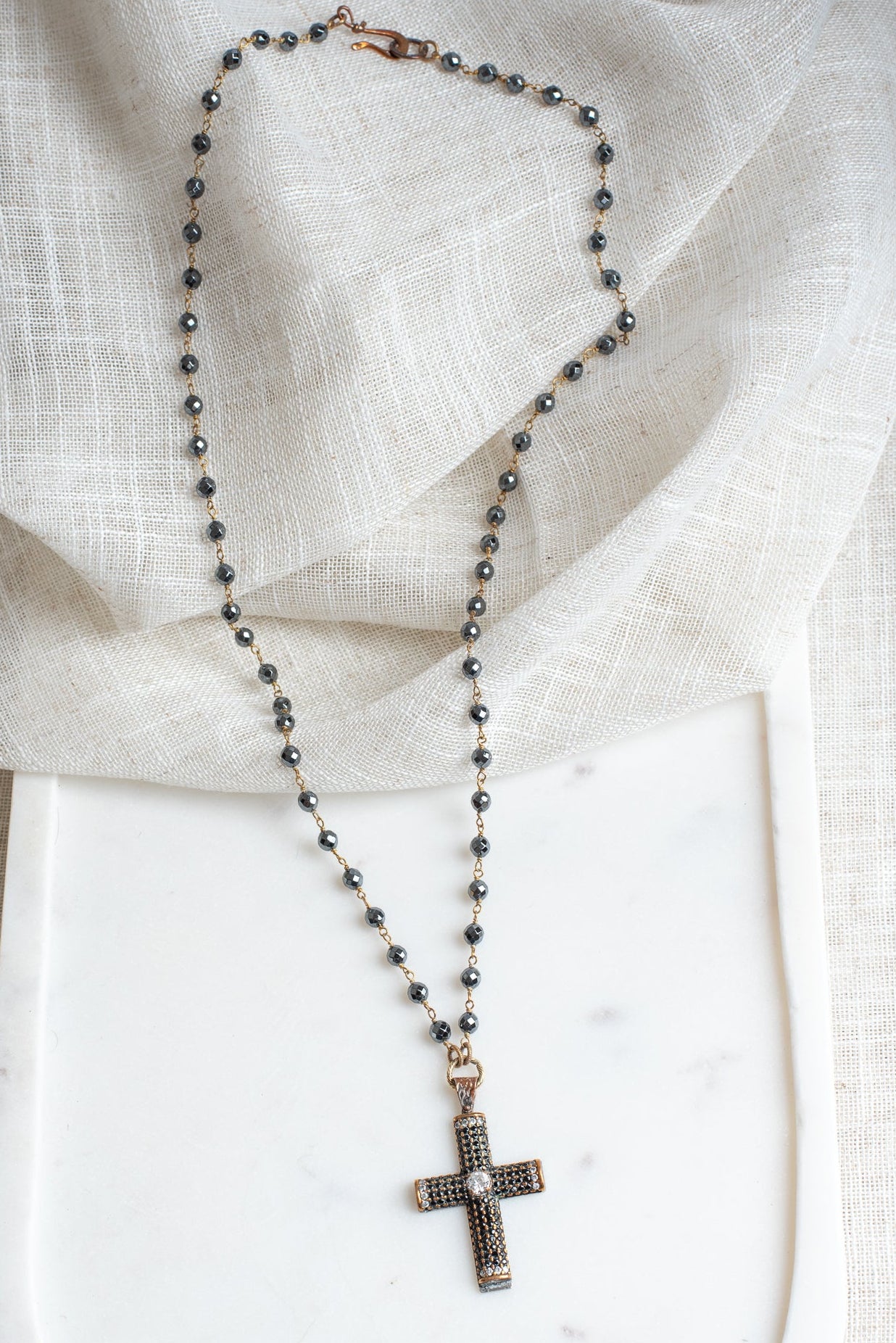Vintage Sterling Silver Black Crystal Christian Cross Pendant on a Faceted Black Hemitite Rosary Chain