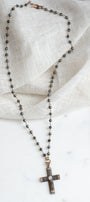 Vintage Sterling Silver Black Crystal Christian Cross Pendant on a Faceted Black Hemitite Rosary Chain