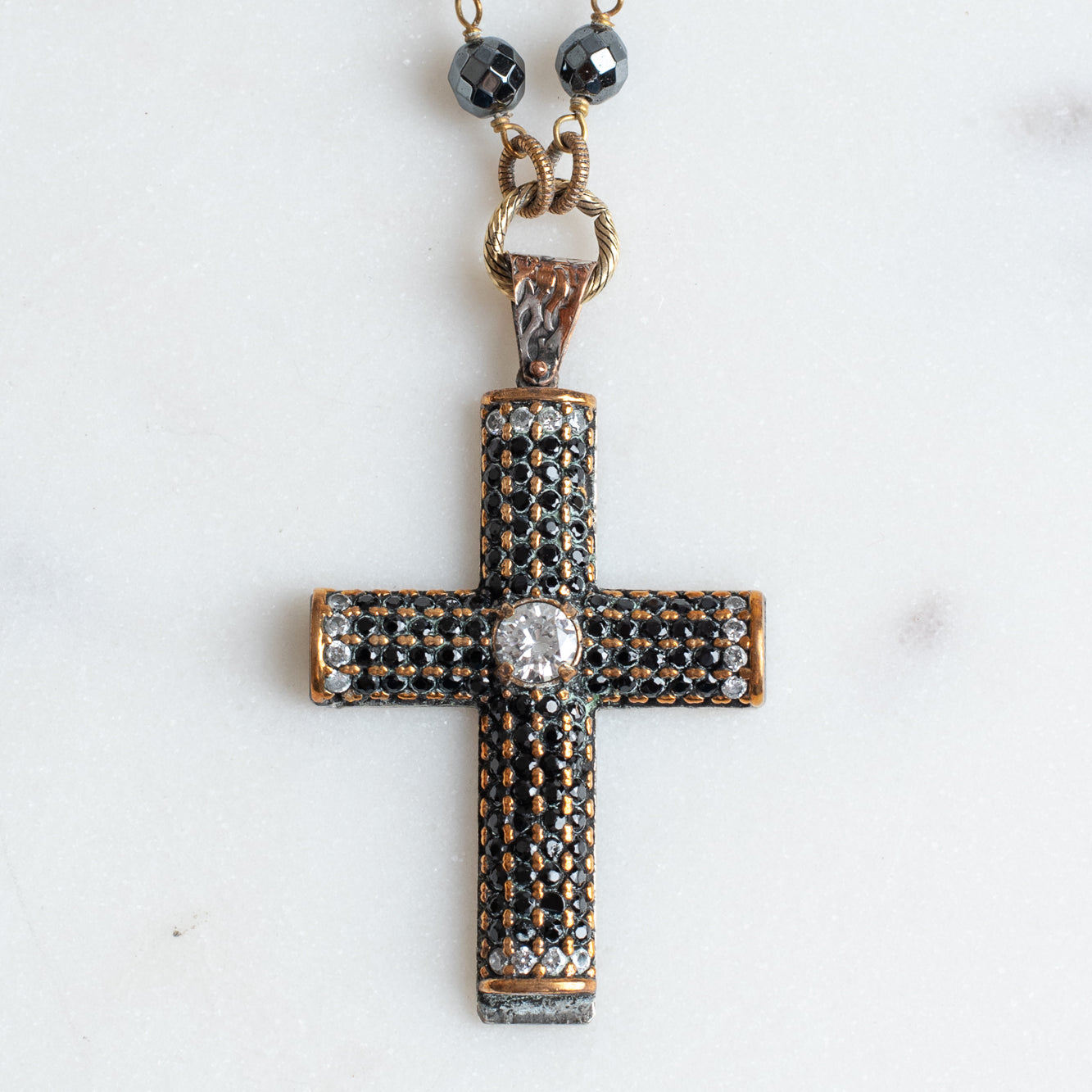 Sterling Silver Black Crystal Cross Pendant on a Faceted Hematite Rosary Chain