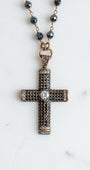 Vintage Sterling Silver Black Crystal Christian Cross Pendant on a Faceted Black Hemitite Rosary Chain