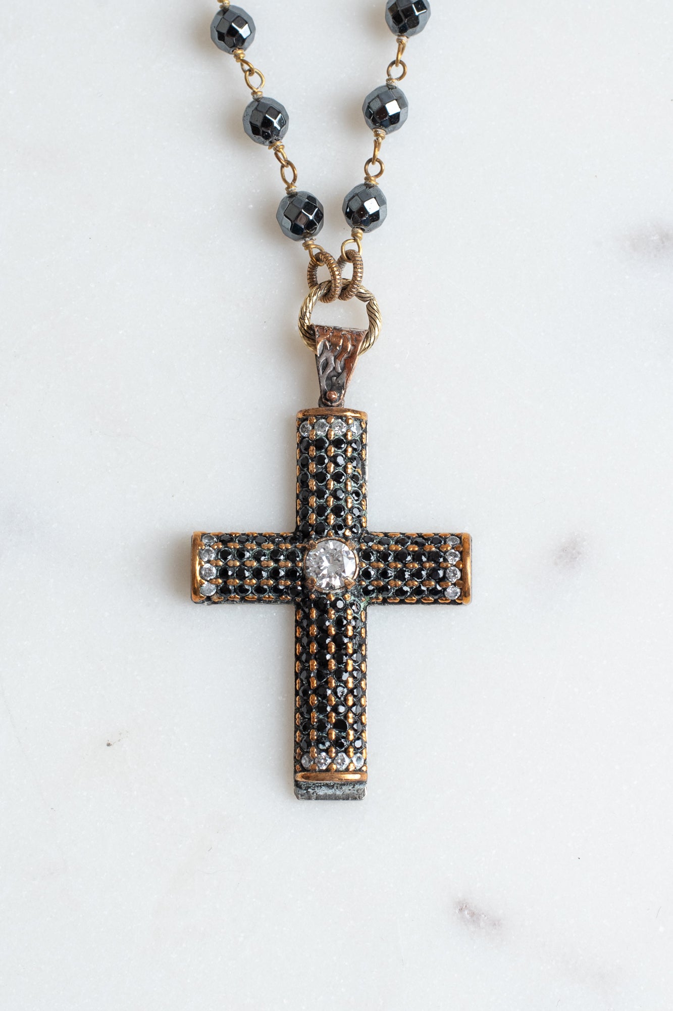 Vintage Sterling Silver Black Crystal Christian Cross Pendant on a Faceted Black Hemitite Rosary Chain